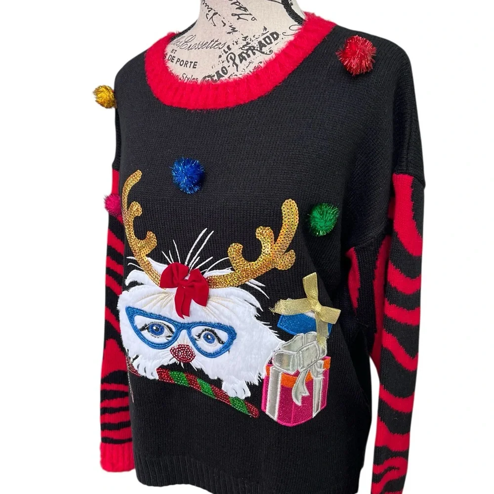 Festive Cat Black and Red Christmas Sweater
